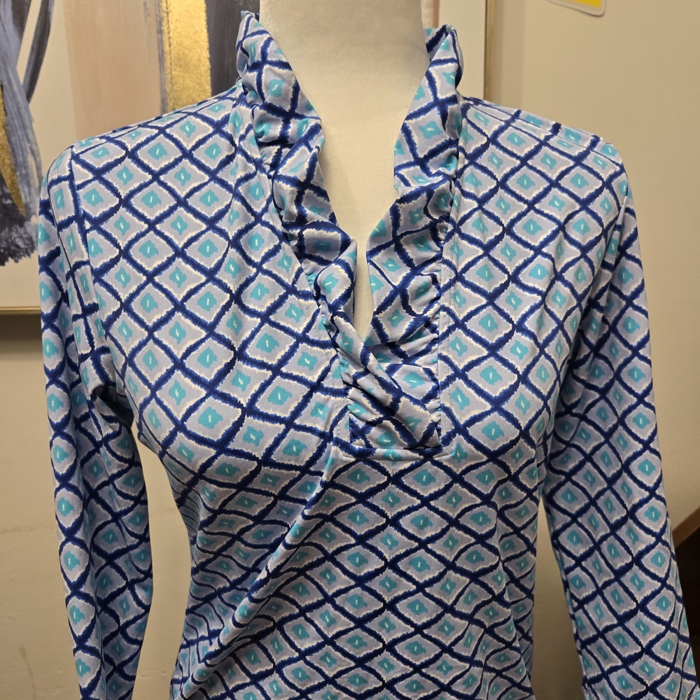 J. McLaughlin Blue & Aqua Diamond Ruffle V-Neck Tunic - Picture 4 of 5